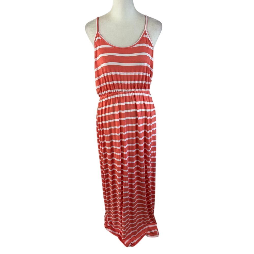 Exist Maxi Dress Women's Large Coral White Striped Adjustable Straps Casual NWT